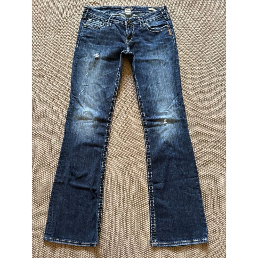 Silver Women's Pioneer Bootcut Jeans Stretch blue Denim Distressed Size 30